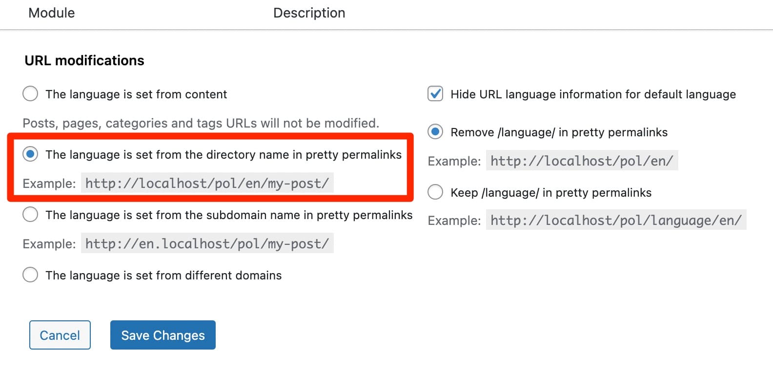 URL modifications with Polylang.