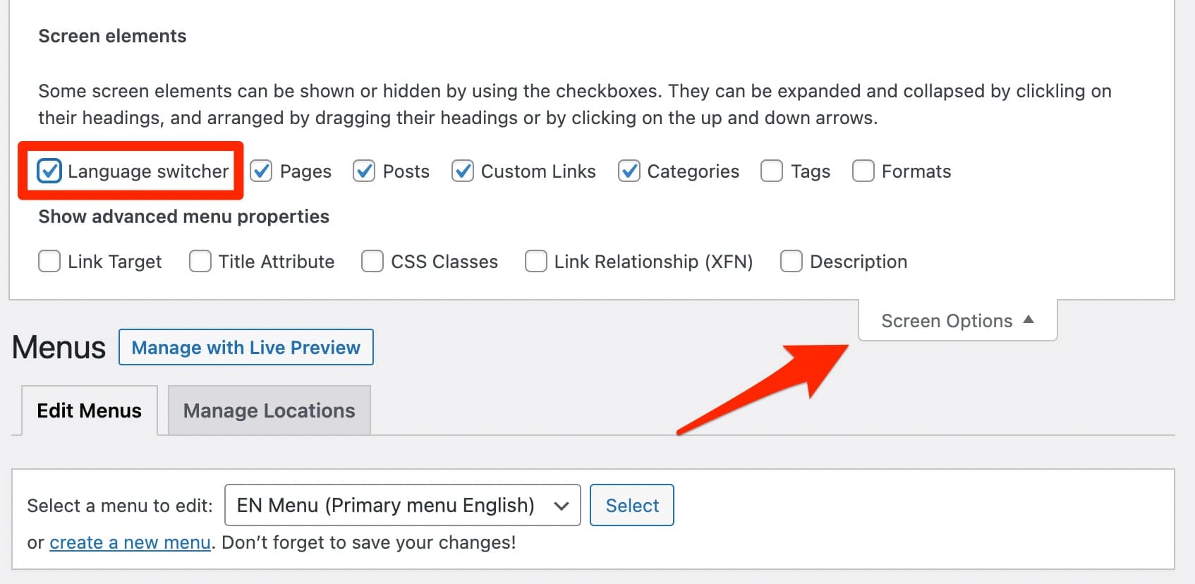 Polylang language switcher in the Screen Options on WordPress.