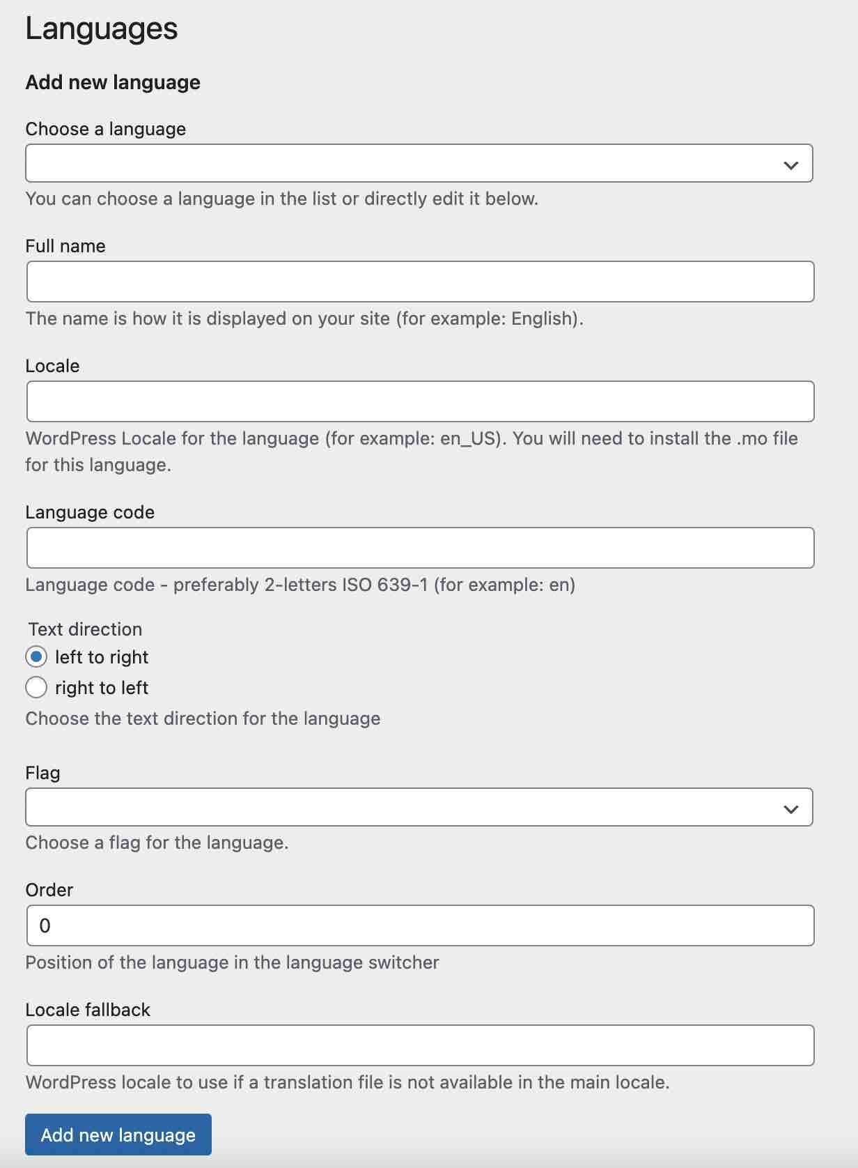 Languages settings to add new language on Polylang.