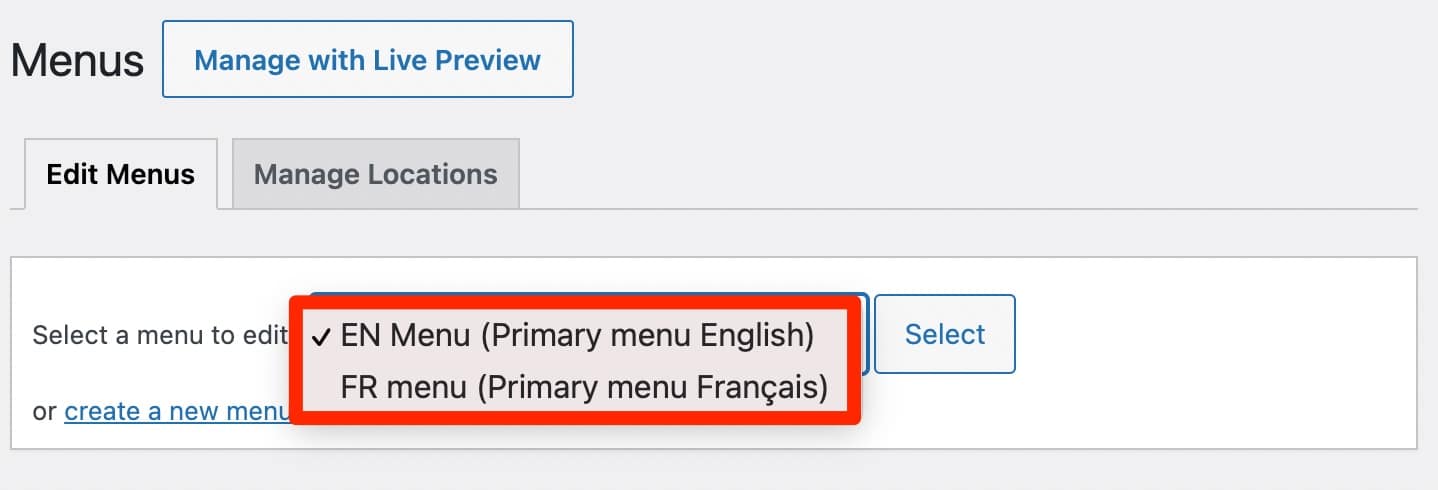 Edit menus with Polylang.