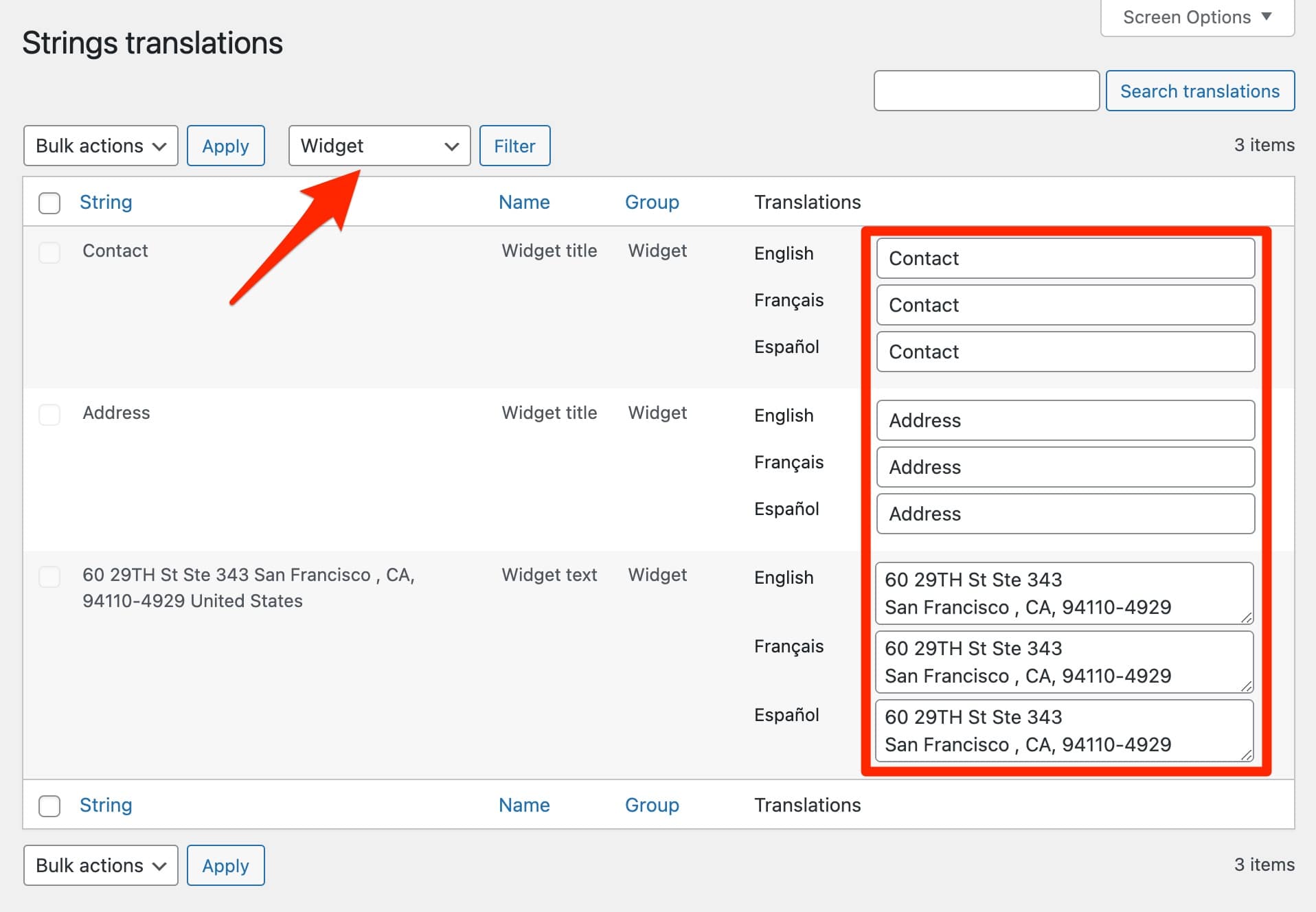 WordPress widget strings translations.