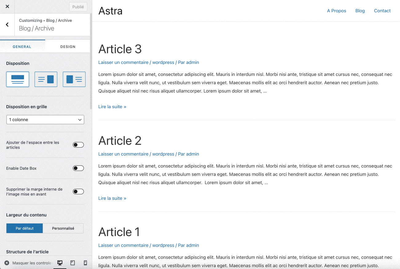 Réglages du blog sur Astra Pro.