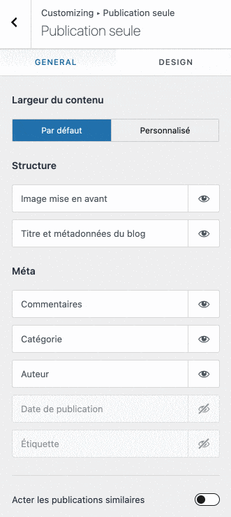 Réglages de publication seule sur Astra.
