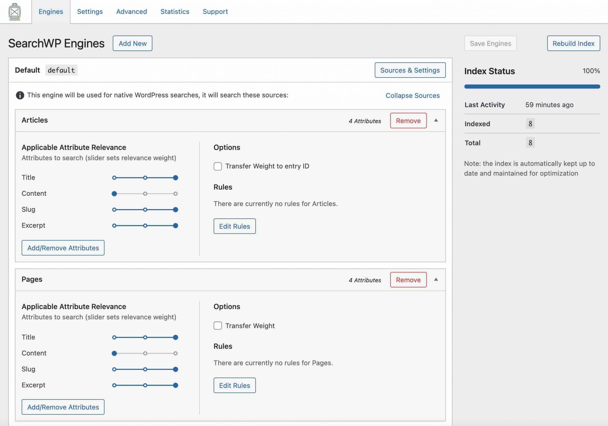 The dashboard and settings of the SearchWP plugin on WordPress.
