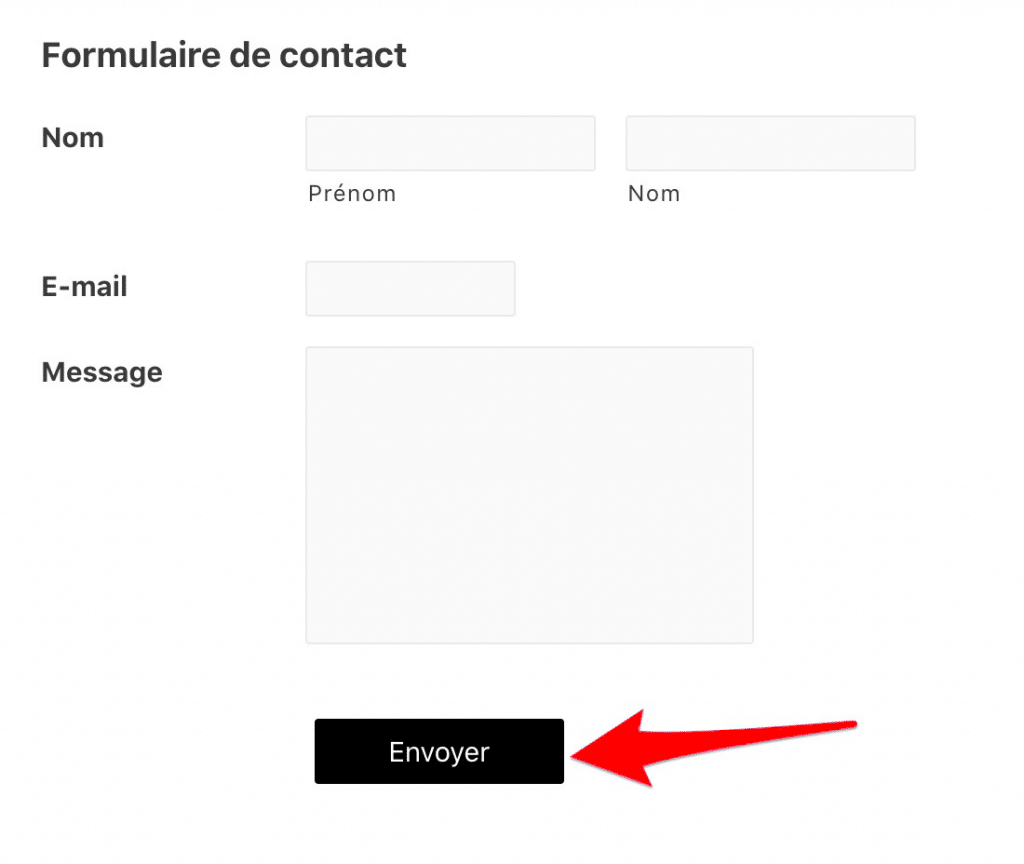 Un bouton « Envoyer » noir après l'ajout de CSS dans un formulaire Gravity Forms.