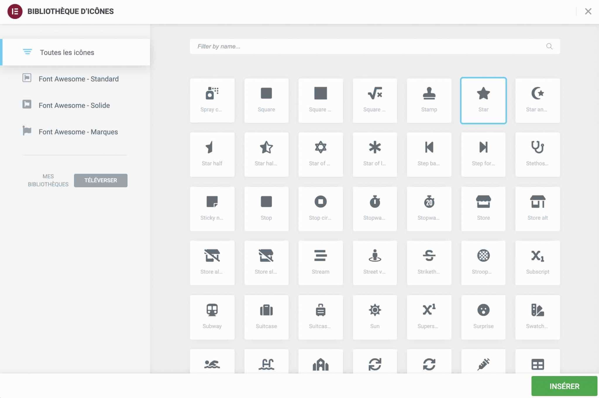 Bibliothèque d'icônes Elementor