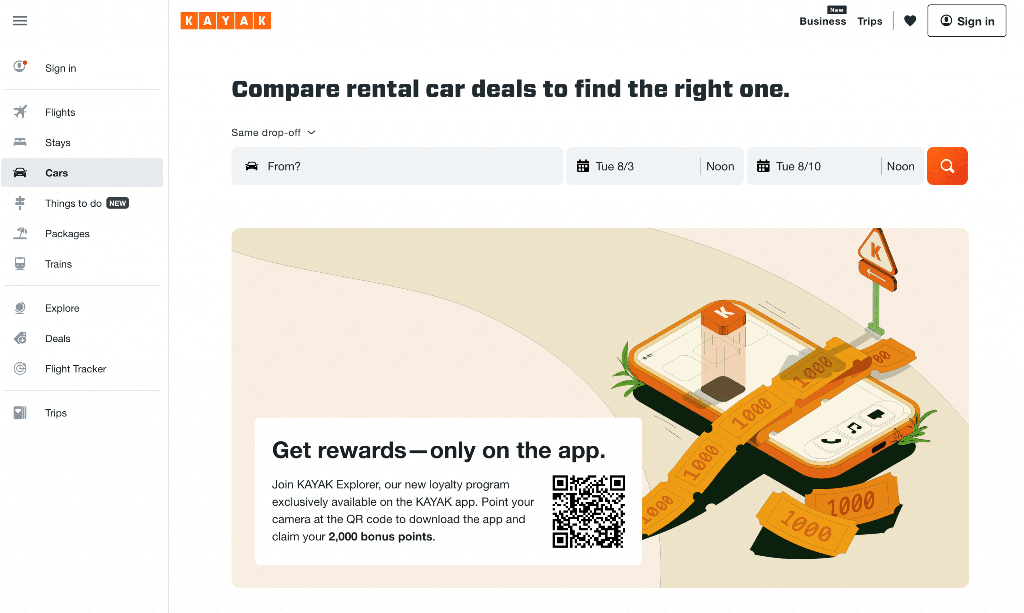 Kayak's website homepage that represent a good domain name despite the fact that its name has nothing to do with what it offers.