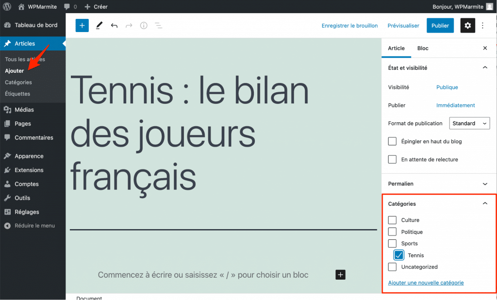 Ajout d'une catégorie lors de la rédaction d'un article dans l'administration de WordPress avec le thème Twenty Twenty-One.