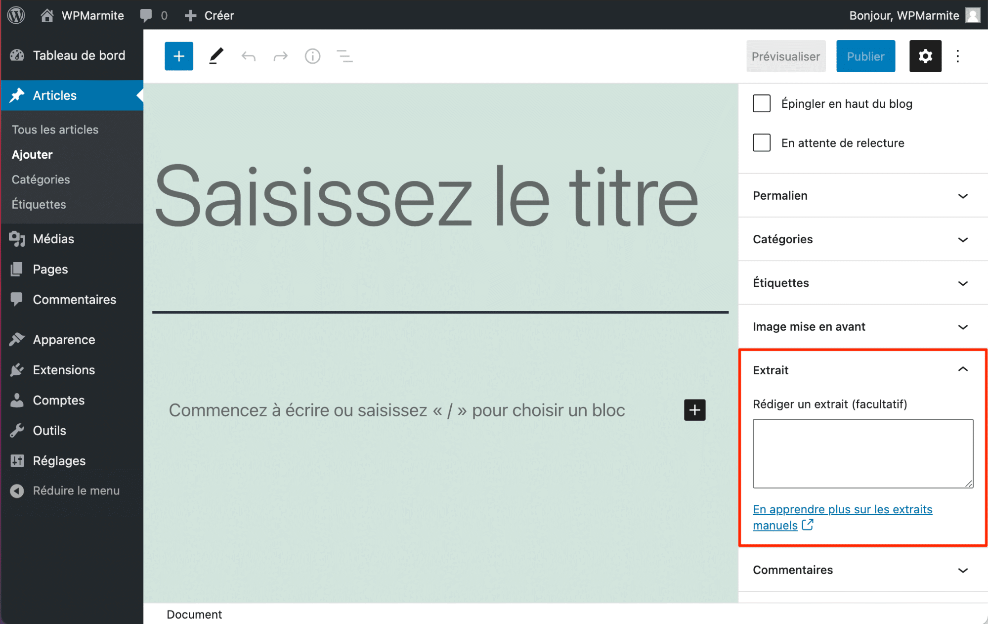 Ajout d’un extrait d’article sur l’interface d’édition d’un article WordPress avec le thème Twenty Twenty-One.