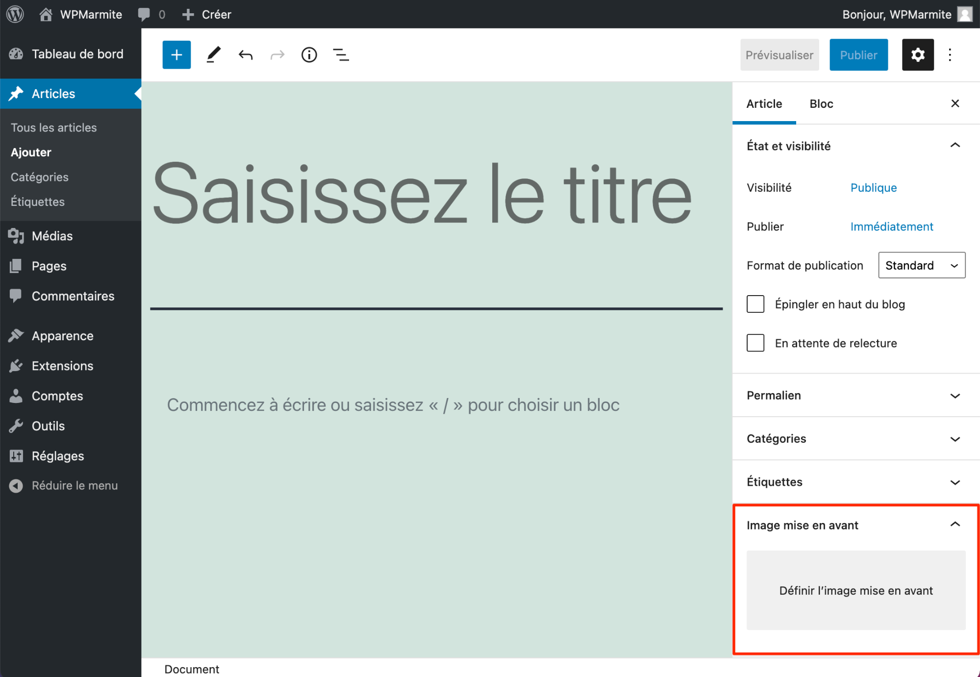 Définir une image mise en avant sur un article dans l’administration WordPress avec le thème Twenty Twenty-One.