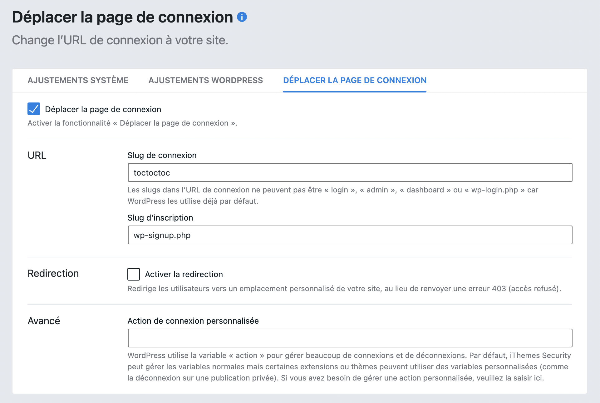 iThemes Security propose un réglage permettant de déplacer la page de connexion à l'administration WordPress.