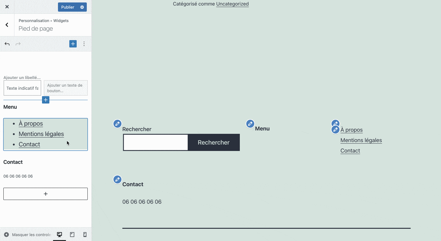 Il est possible de déplacer un widget tel un bloc Gutenberg, en cliquant sur les flèches correspondantes ou à l'aide d'un glisser-déposer.