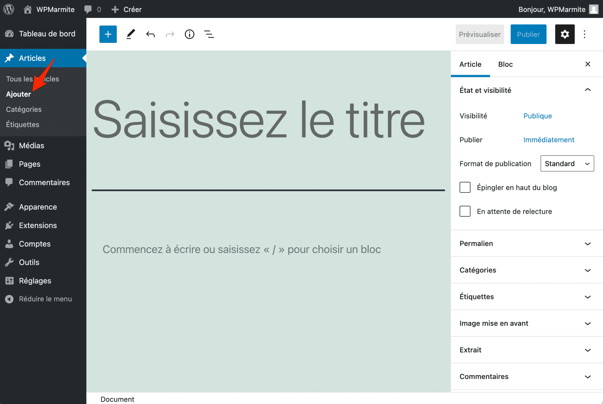 Page d’édition d’un article WordPress avec le thème Twenty Twenty-One.