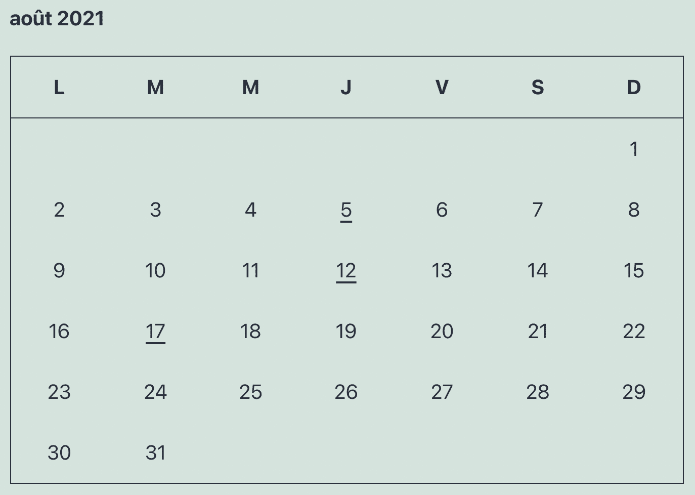 Le bloc « Widget » WordPress Calendrier.