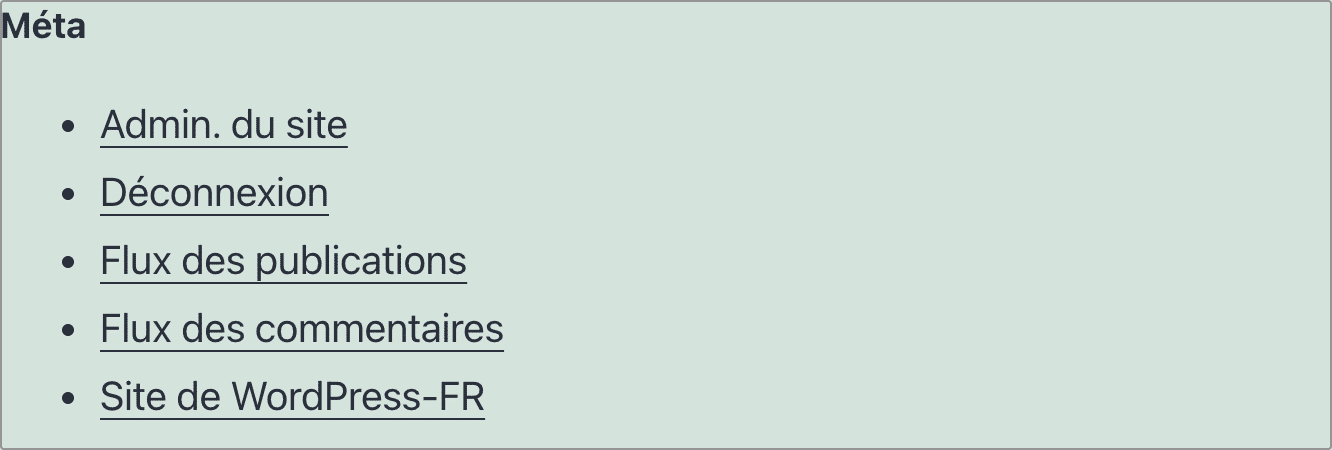 Le bloc « Widget » WordPress Méta.