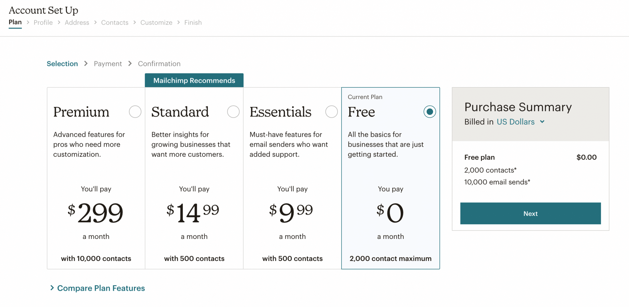 Choix d'un plan de Mailchimp.