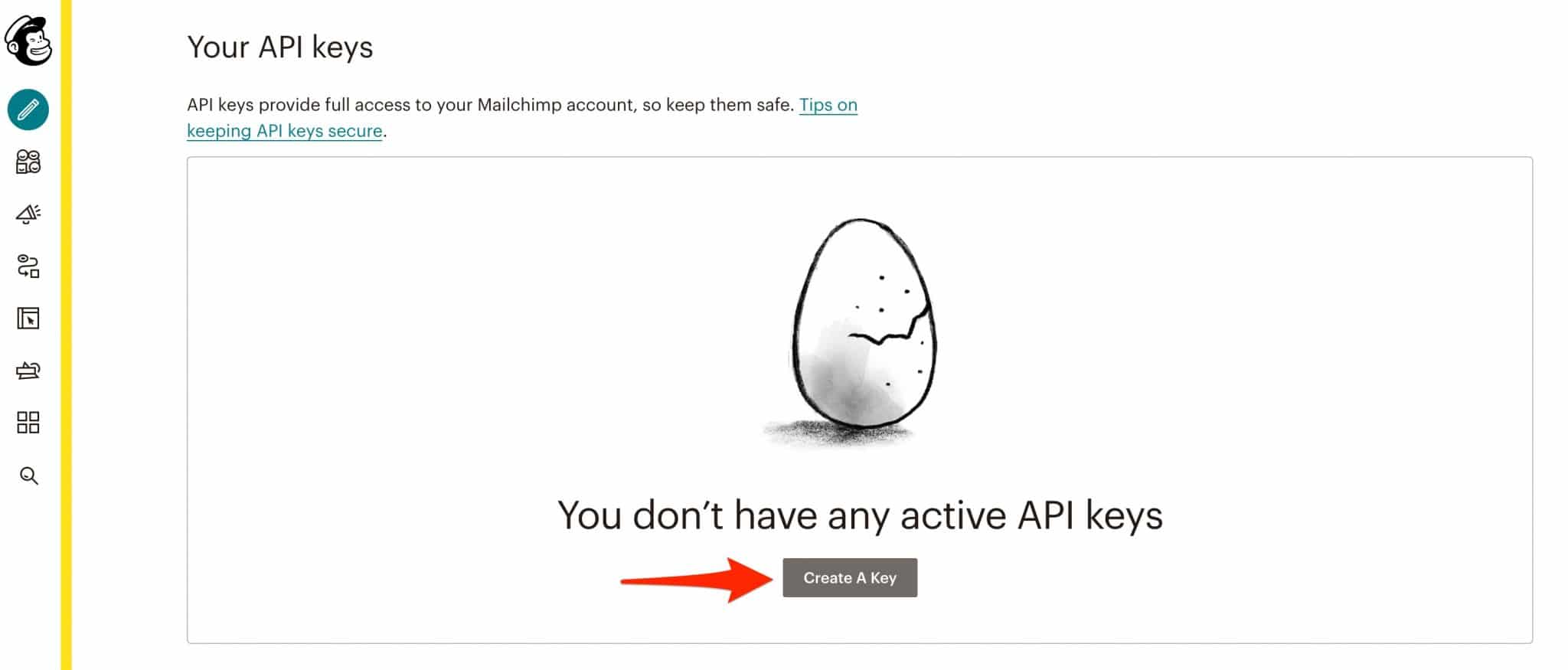 Button "Create A Key" for an API key on Mailchimp.