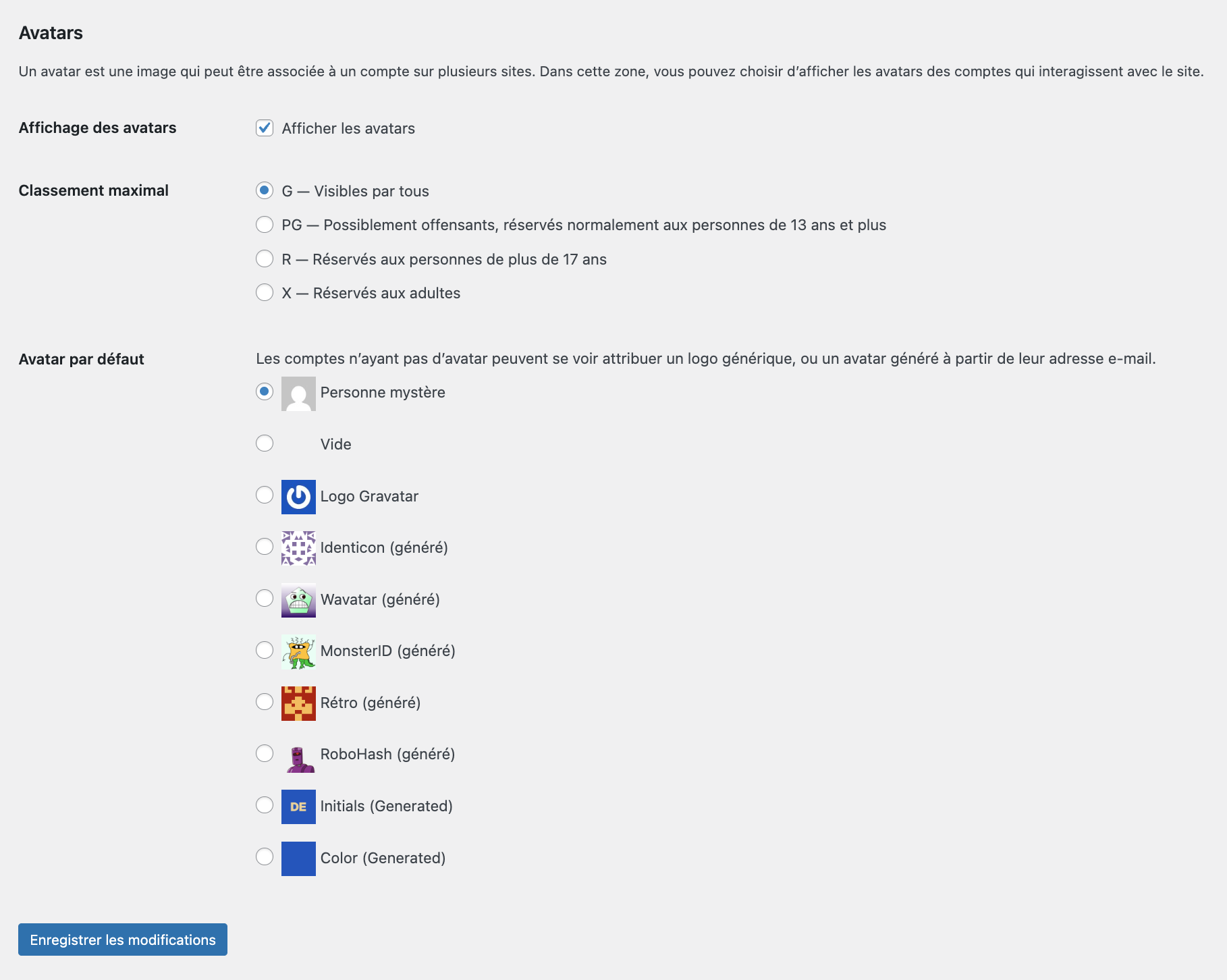 Gestion des avatars sur l'interface de WordPress.