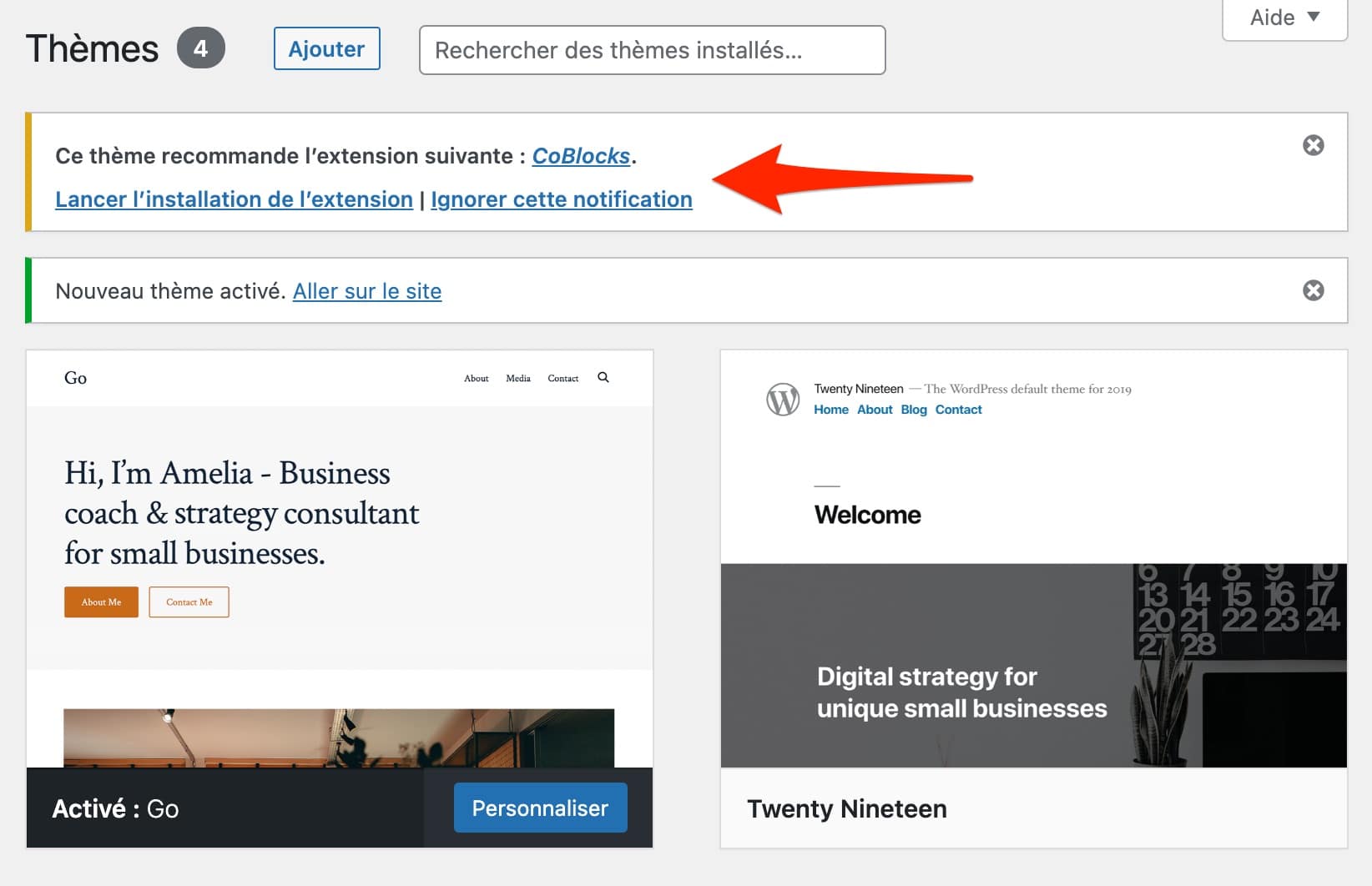 Le thème Go sur WordPress réclame l'usage de CoBlocks pour fonctionner au mieux.