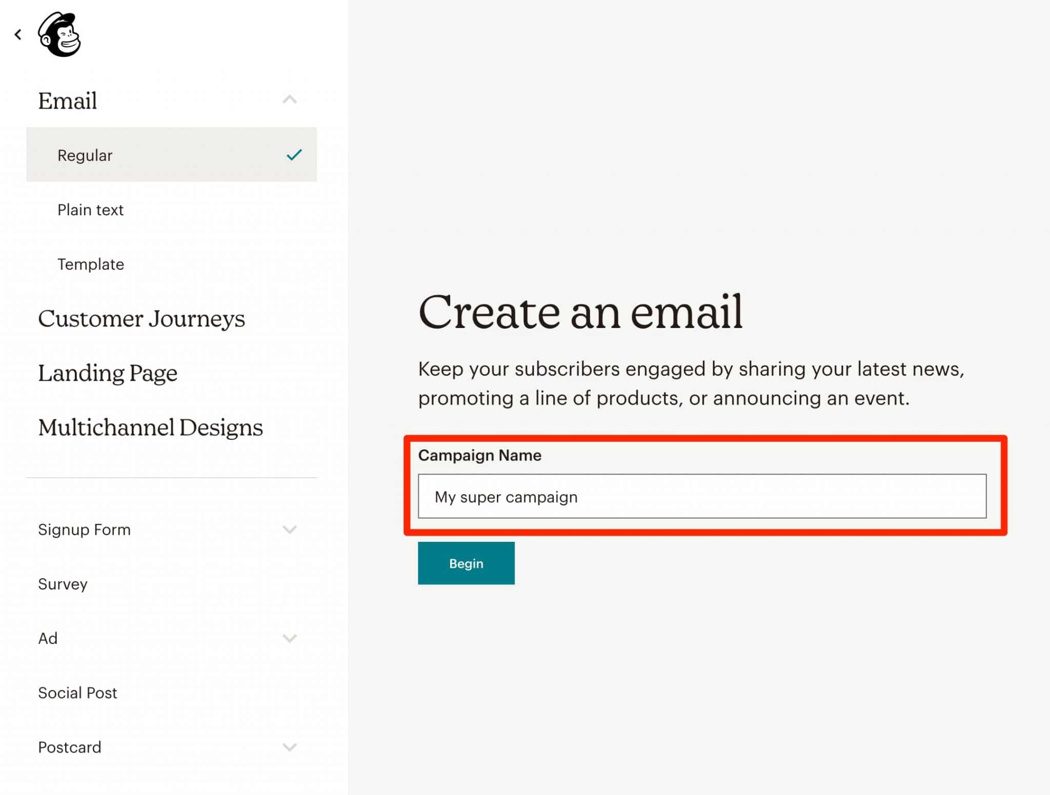 Campaign name to start creating an email on Mailchimp.