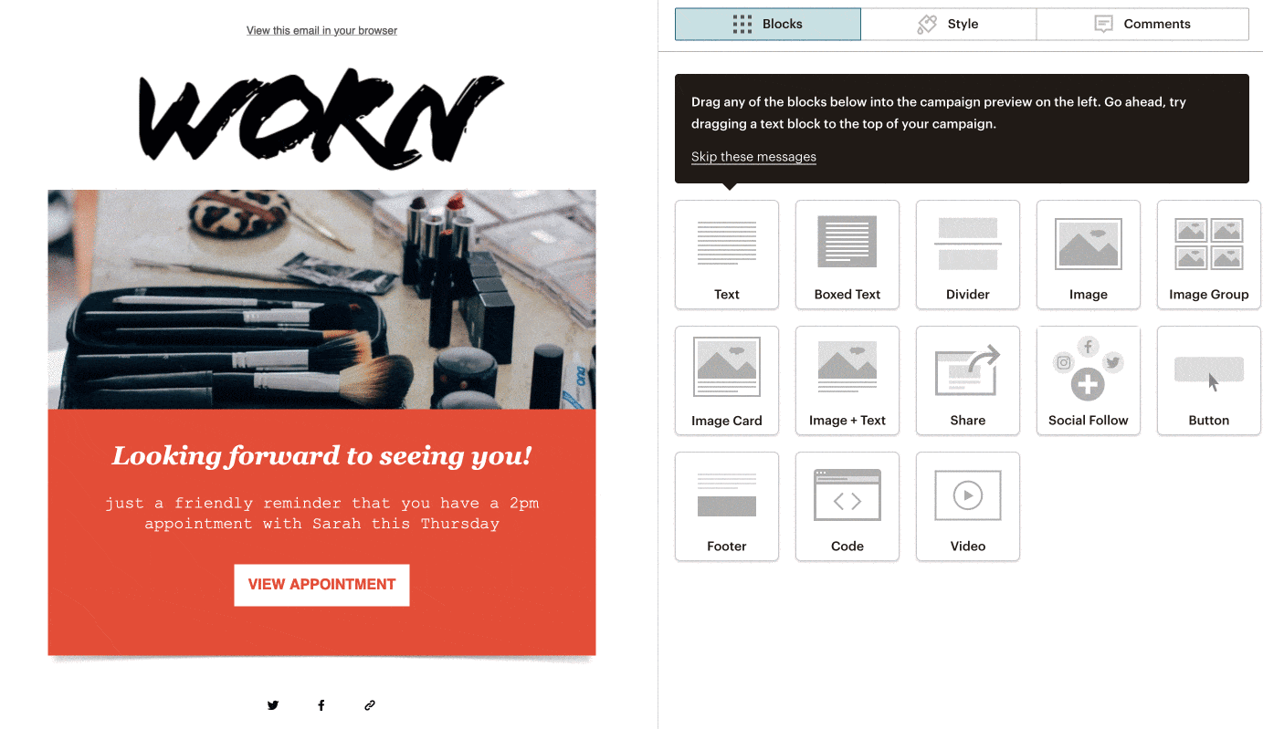 Mailchimp propose une interface en glisser-déposer.