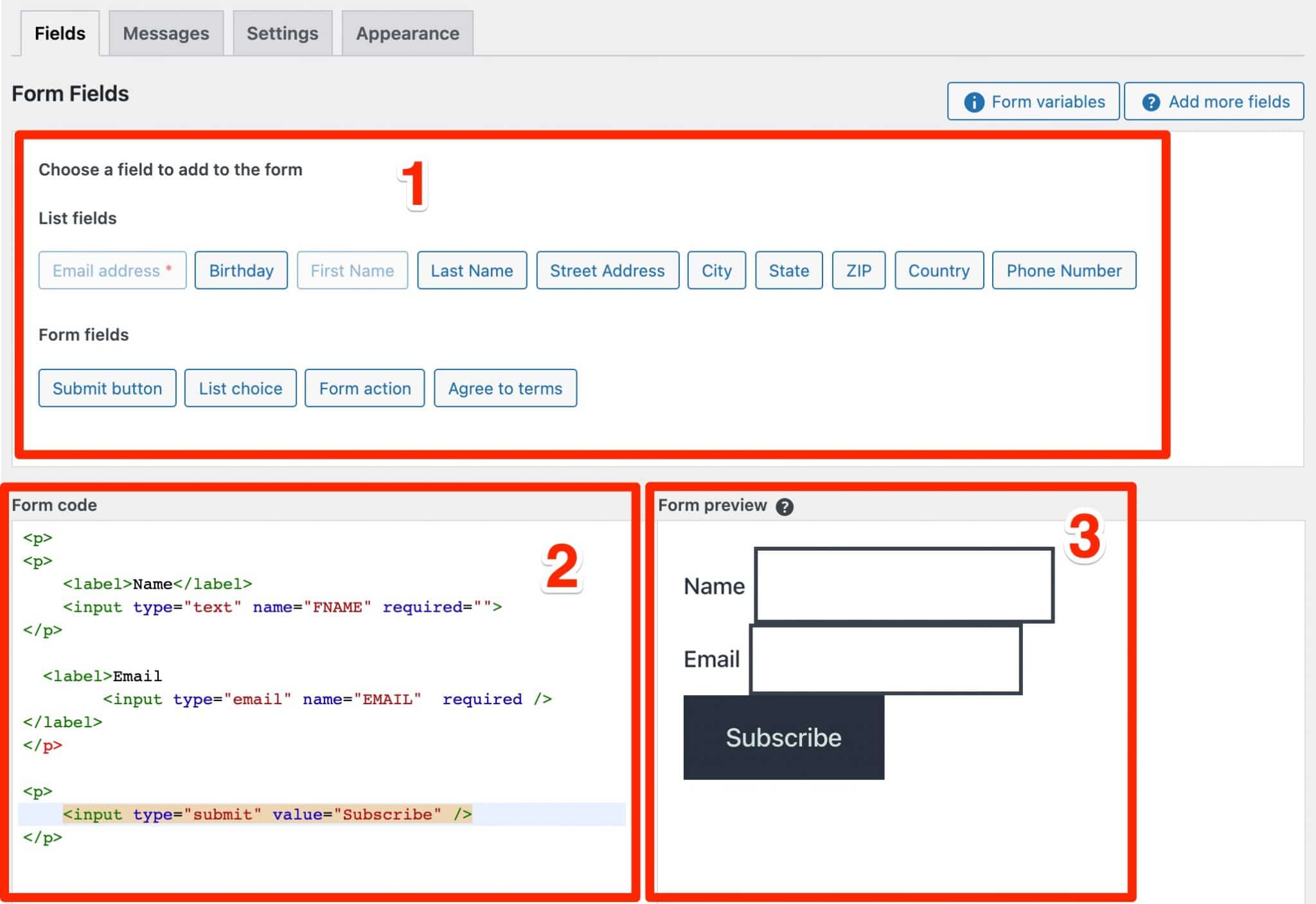 Setting up the fields of the MC4WP form.