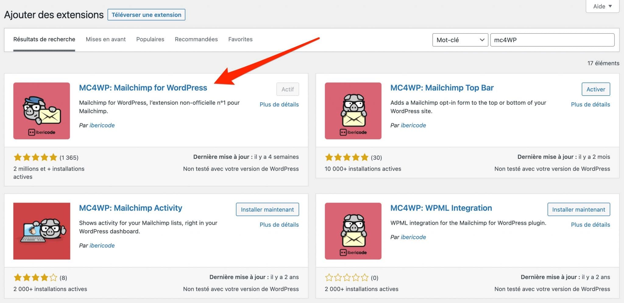 Installation et activation de l'extension Mailchimp for WordPress sur le back office.