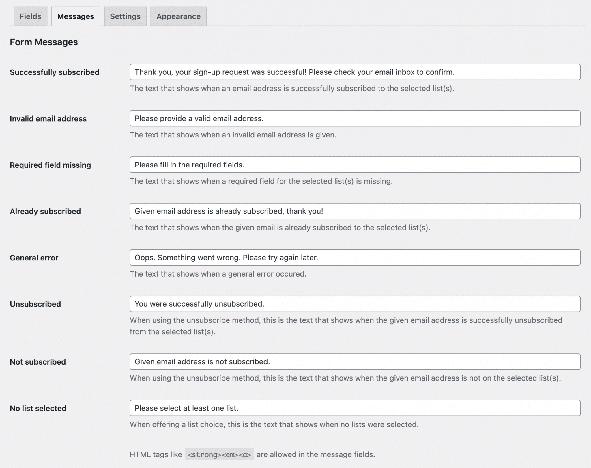 Mailchimp messages tab with various fields.