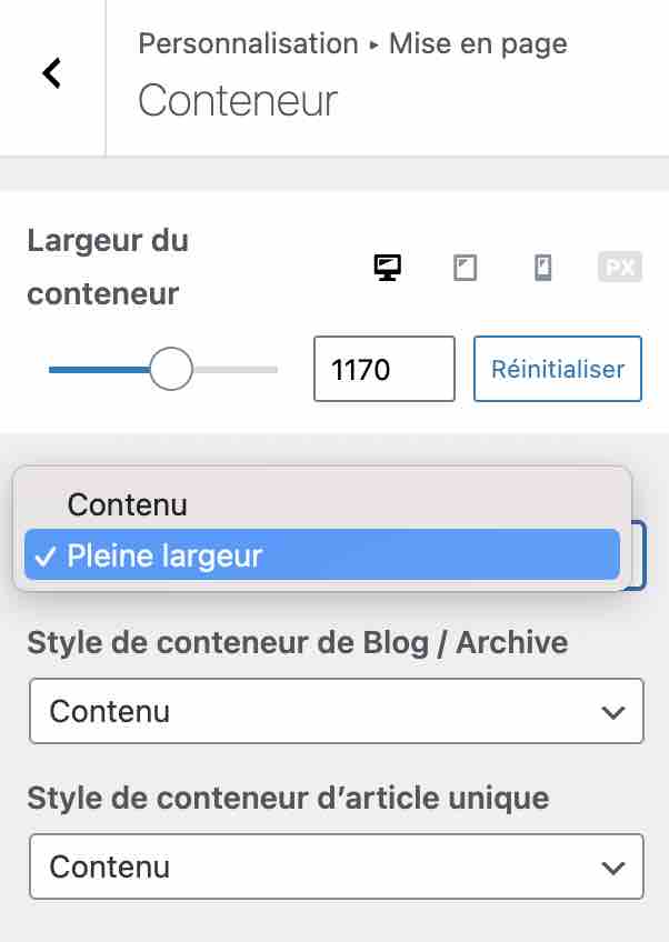 Mise en page du conteneur principal de Neve.