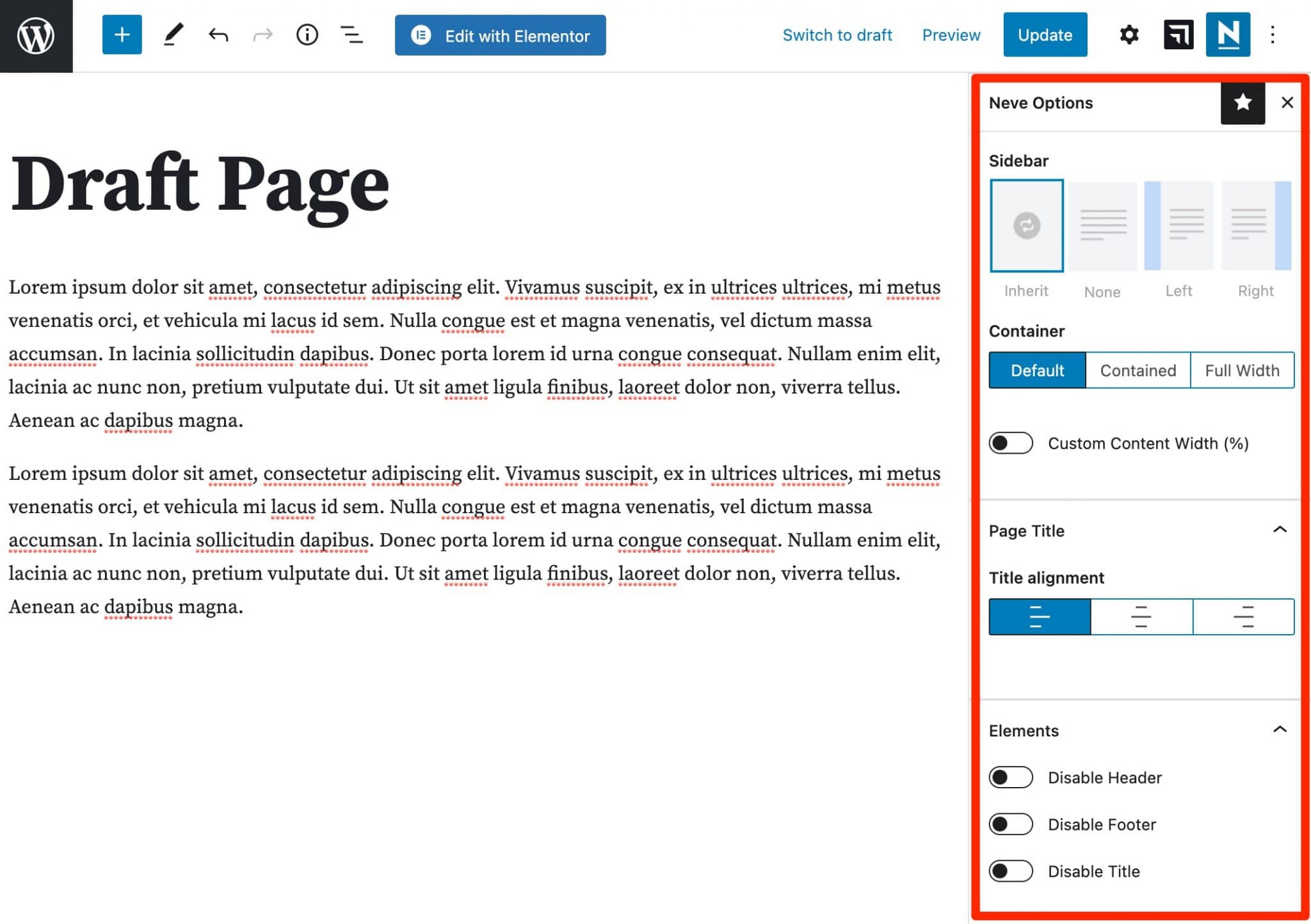 The layout options offered by Neve on the WordPress content editor.