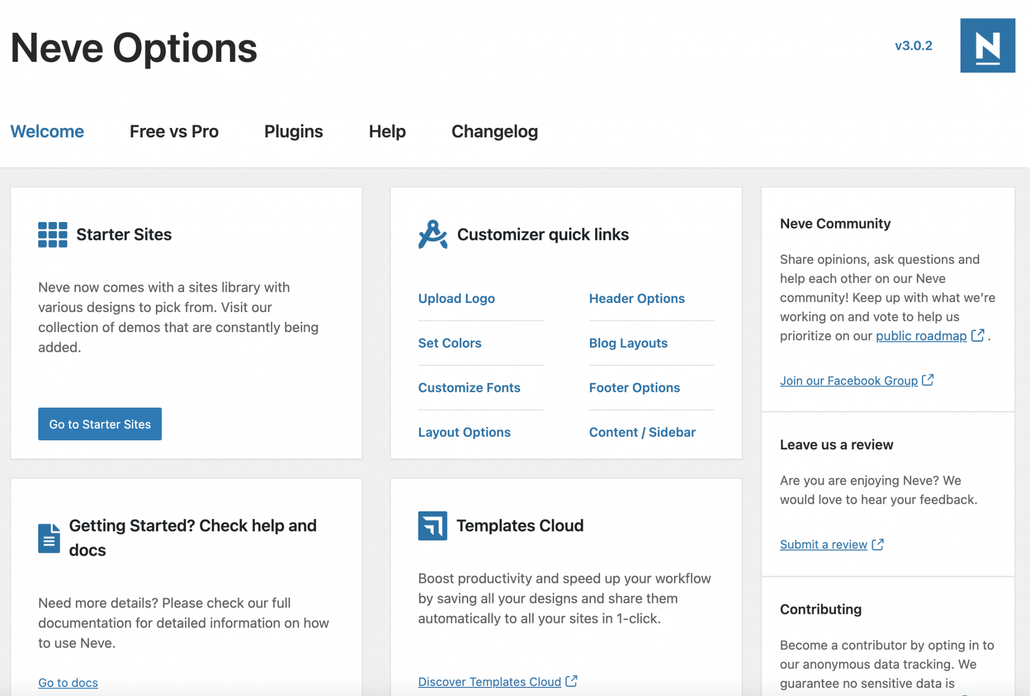 Neve Options: Welcome, Free vs Pro, Plugins, Help, Changelog.