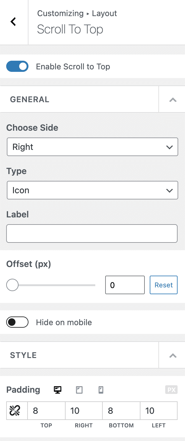 Scroll To Top settings on Neve Pro.