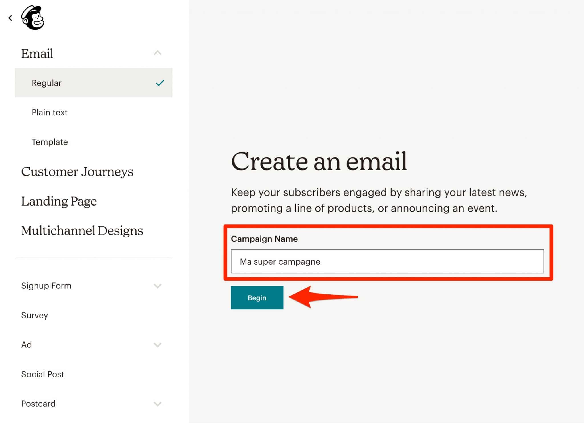 Création d'une campagne e-mail Mailchimp.