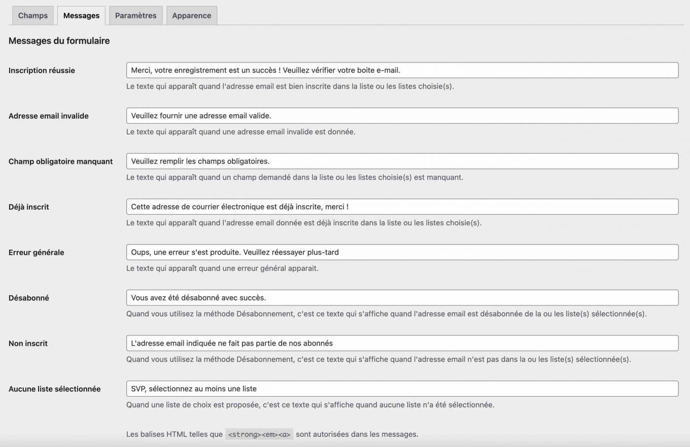 L'onglet Messages de Mailchimp 4 WordPress.