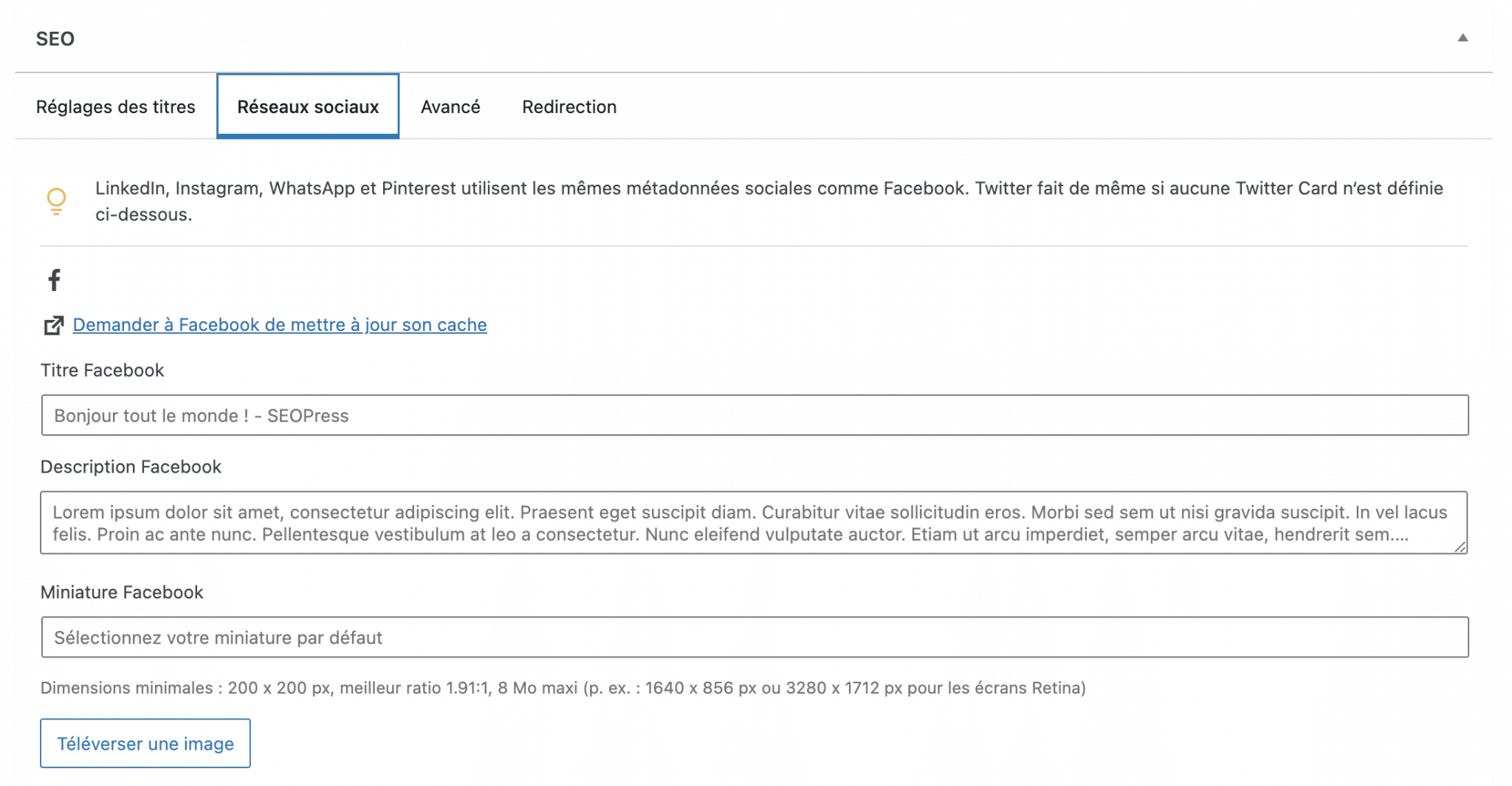L’onglet Réseaux sociaux vous permet d’éditer les snippets (aperçus) pour les réseaux sociaux.