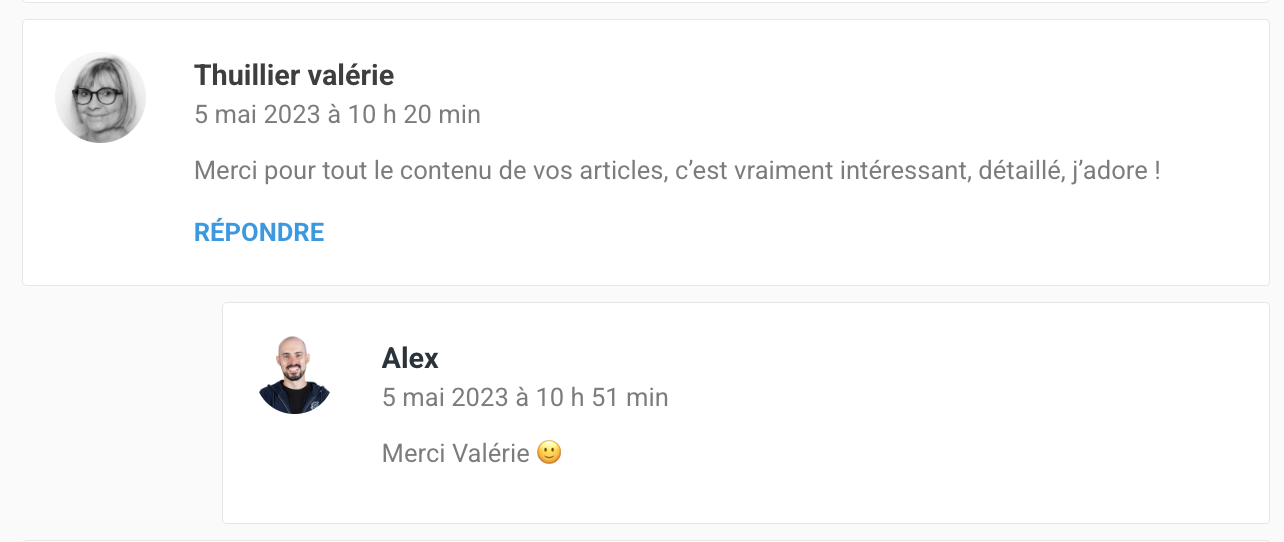 Un gravatar s'affiche lors d'une réponse à un commentaire.
