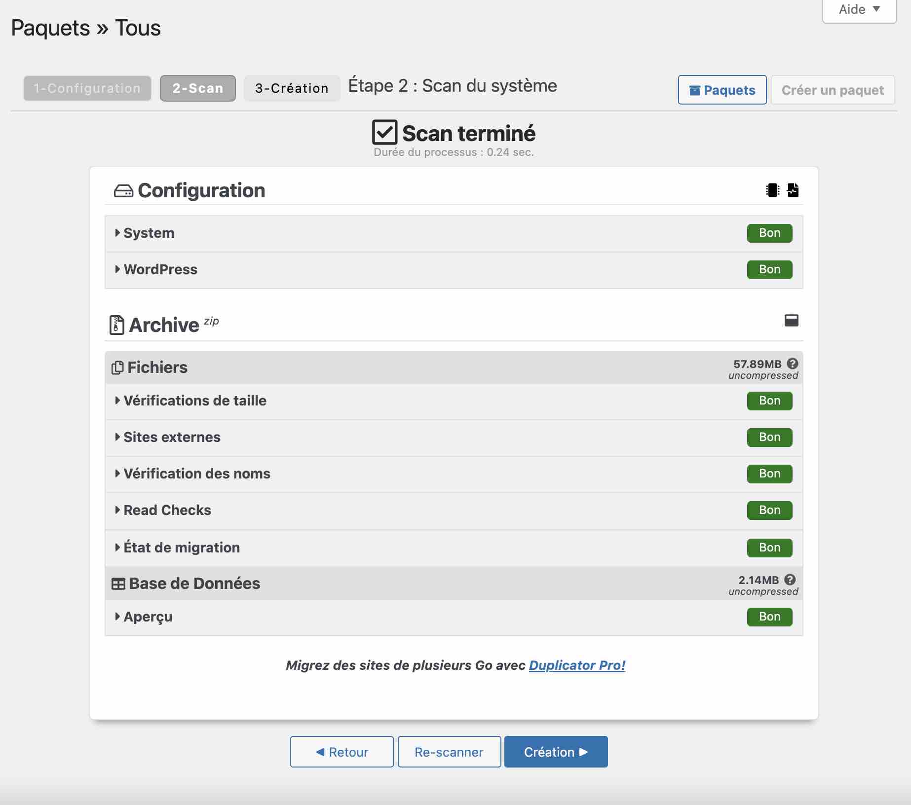 Les paquets créés par Duplicator.