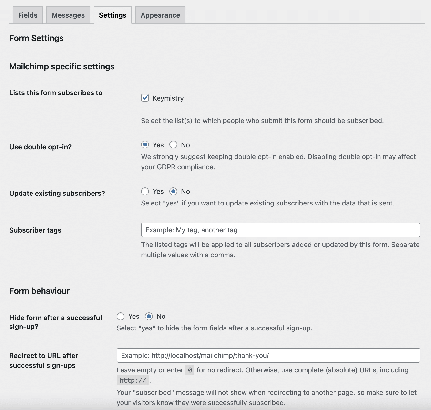 Mailchimp settings tab for double opt-in, sign-up, etc.