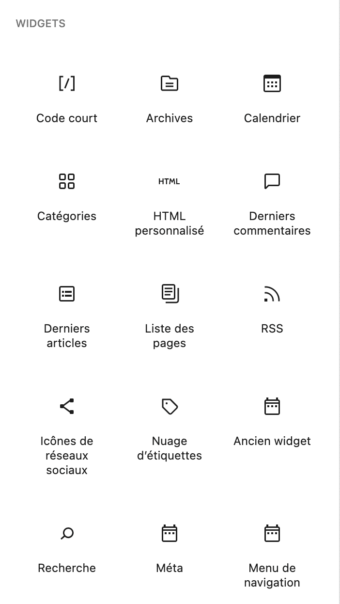 Les widgets disponibles dans WordPress.