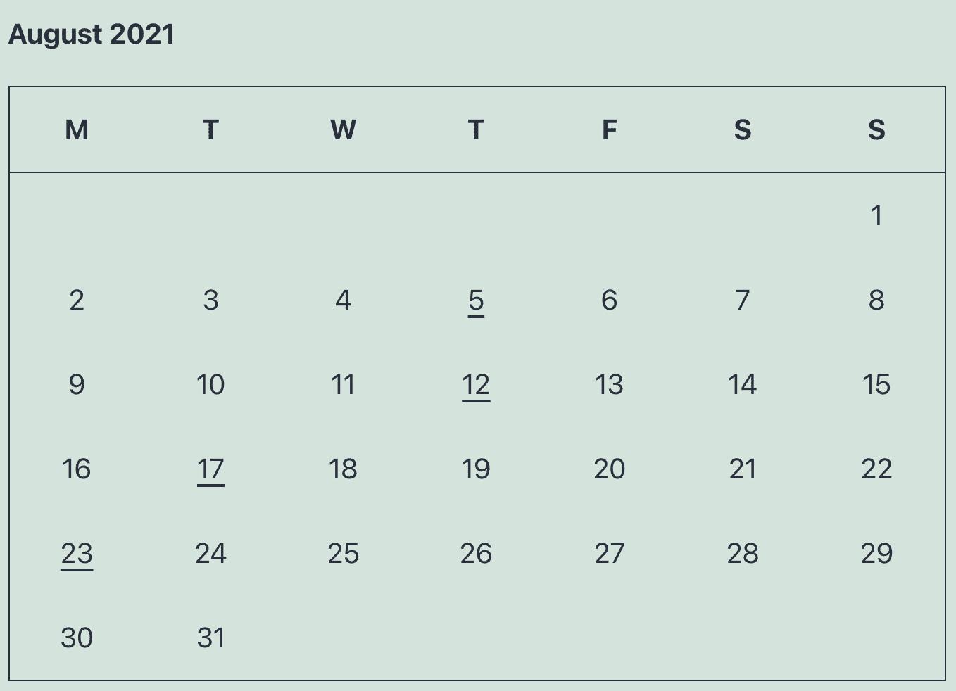 Calendar block on WordPress.