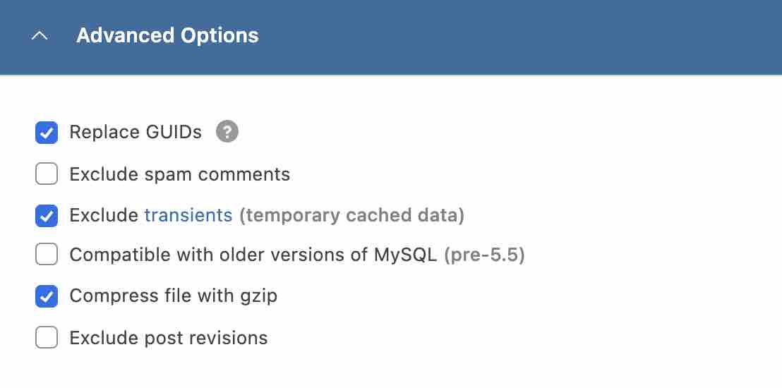 Les options de WP Migrate DB.