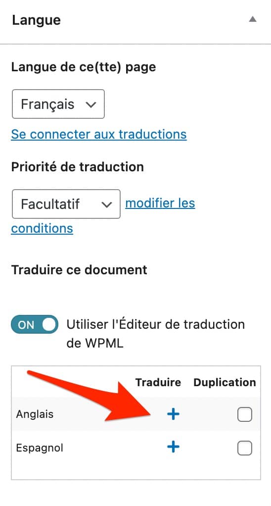 Le menu Langue de WPML sur l'éditeur de contenu.