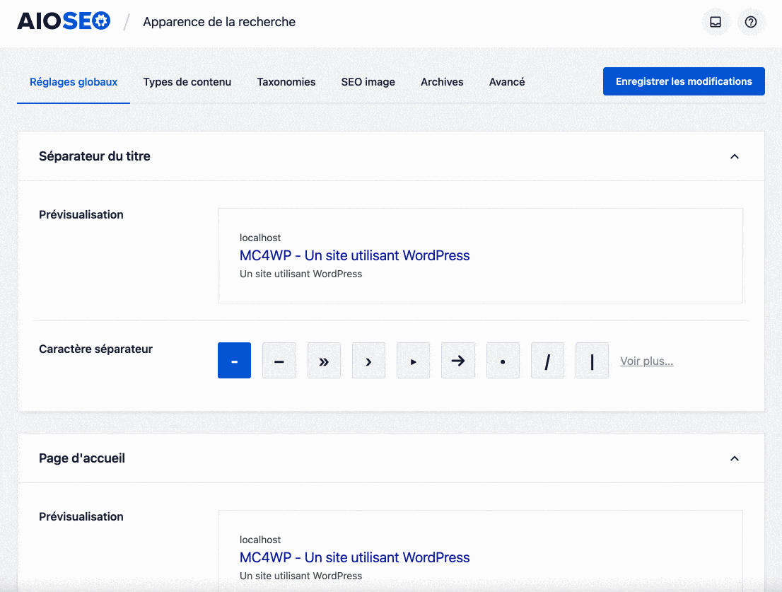 Réglages d'All in One SEO.