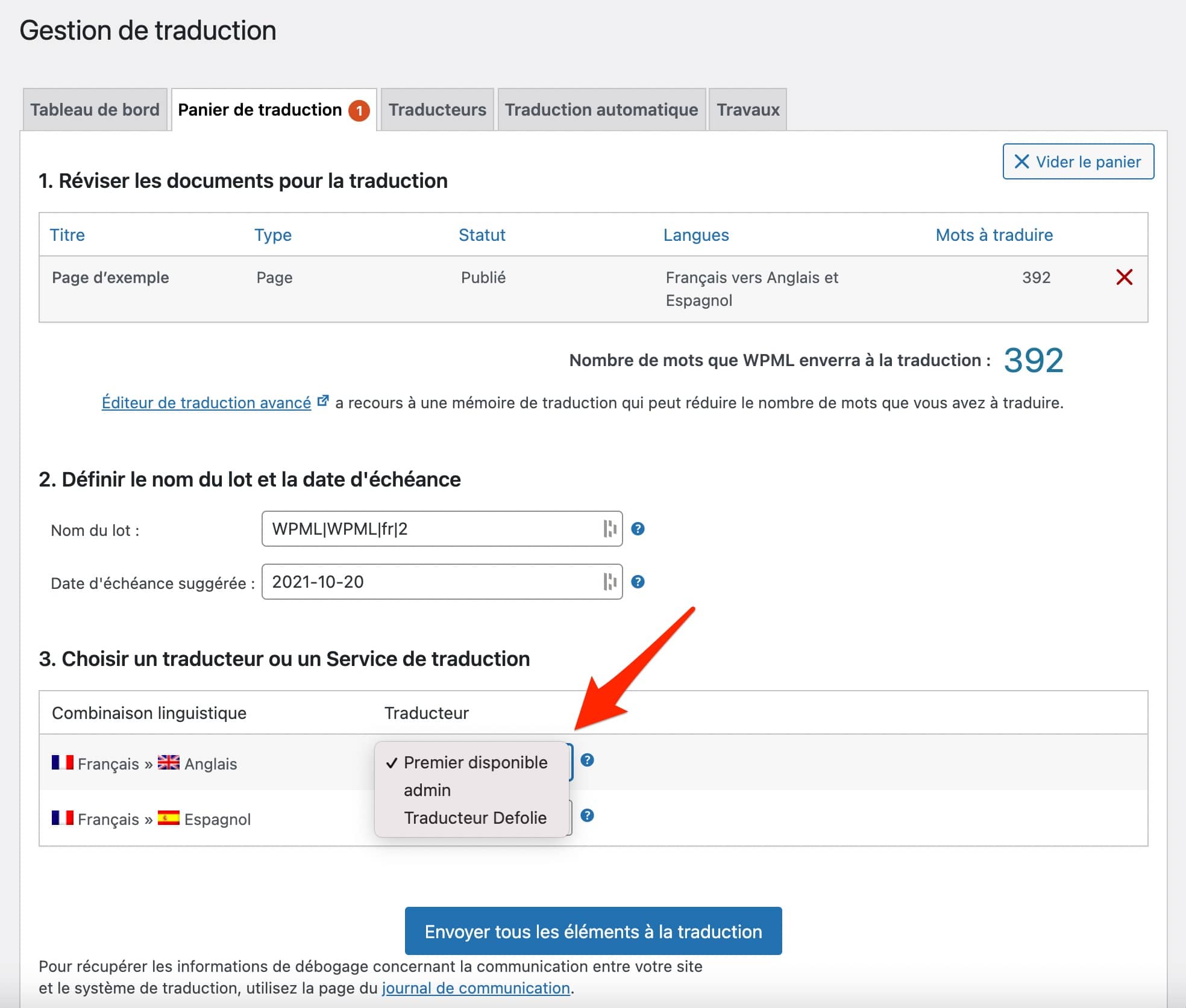 Choix du traducteur sur WPML.