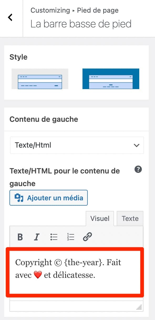 Les options du footer sur Zakra.