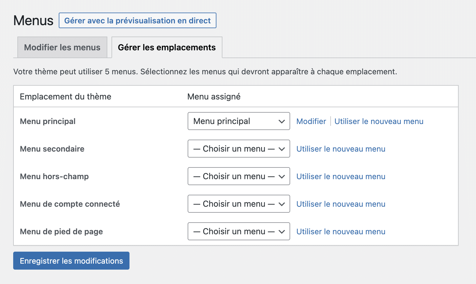 L'onglet "Gérer les emplacements".