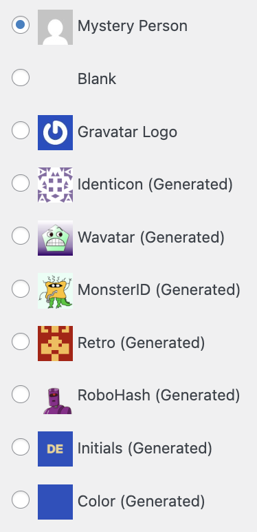 Screenshot of the gravatar options offered to a WordPress commenter.