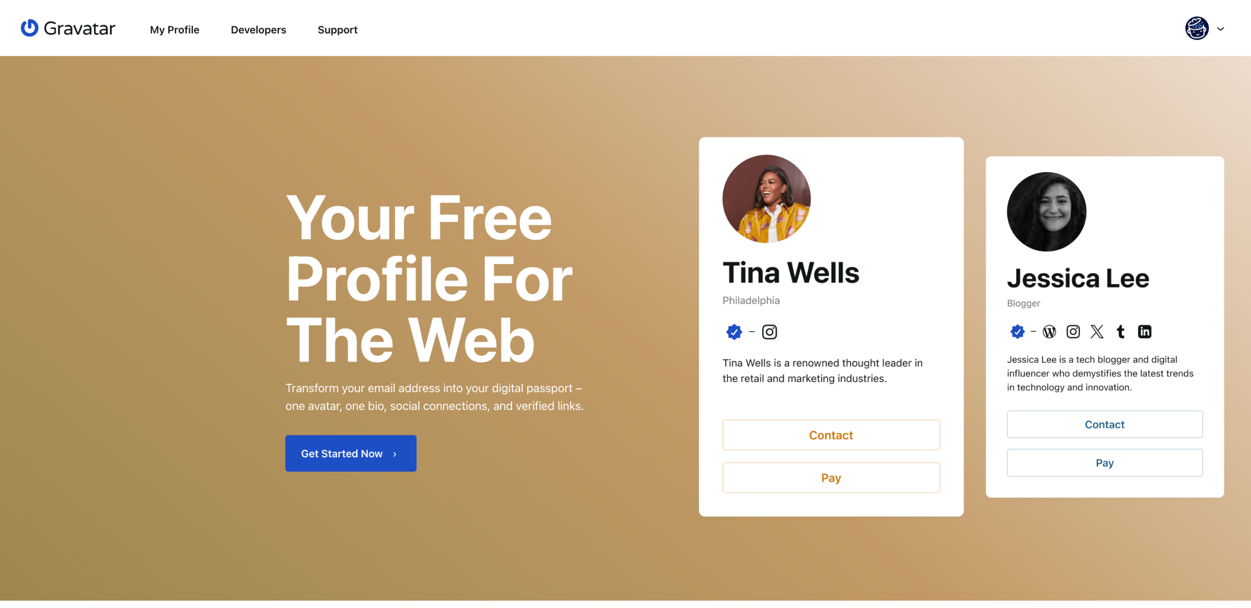 Screenshot of the Gravatar home page, showing the profile image of the user in the top right corner.