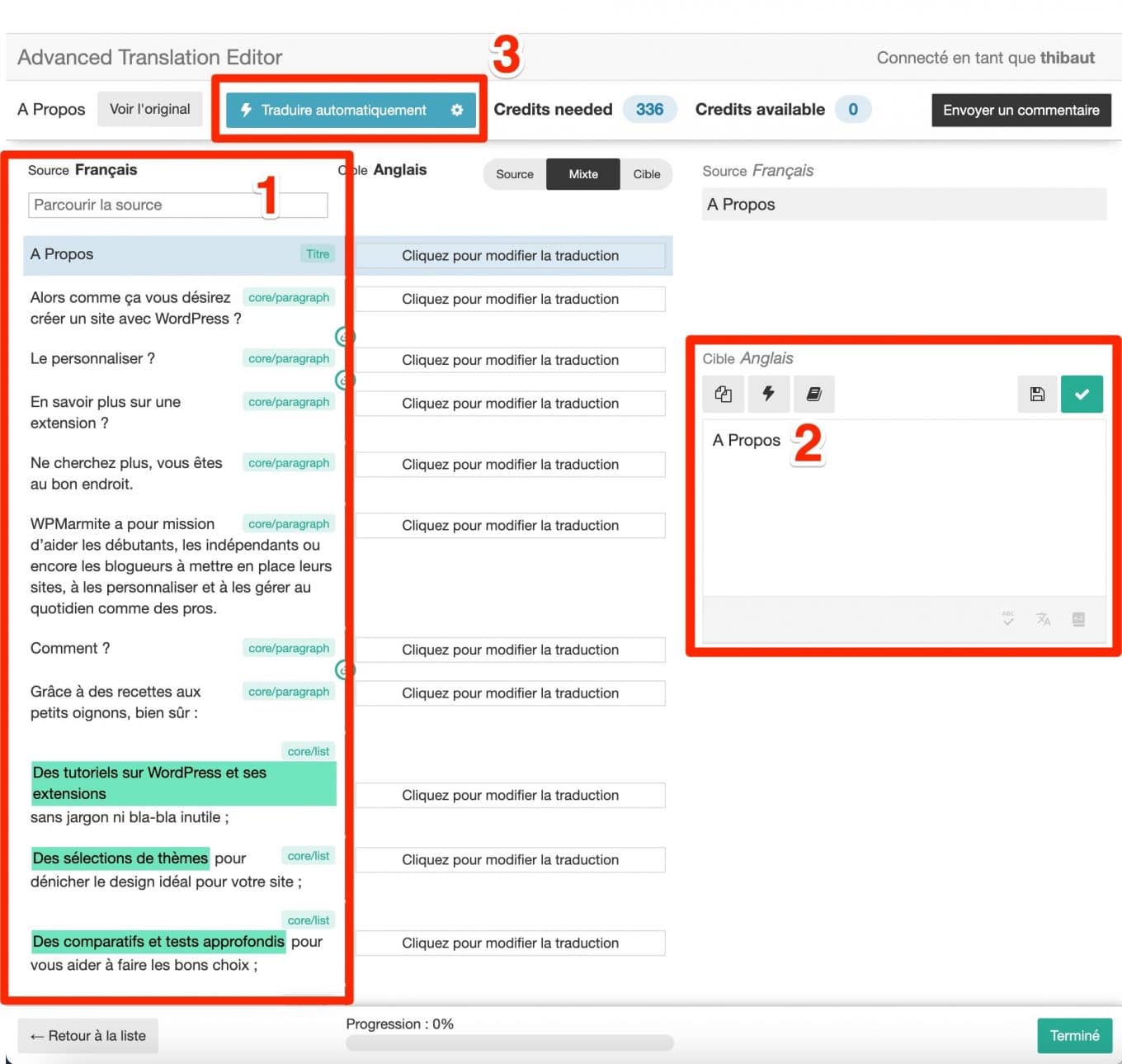 L'interface de traduction avancée de WPML.