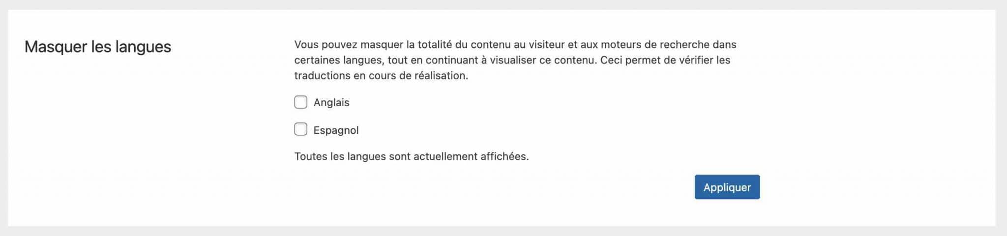 Masquer les langues sur WPML.